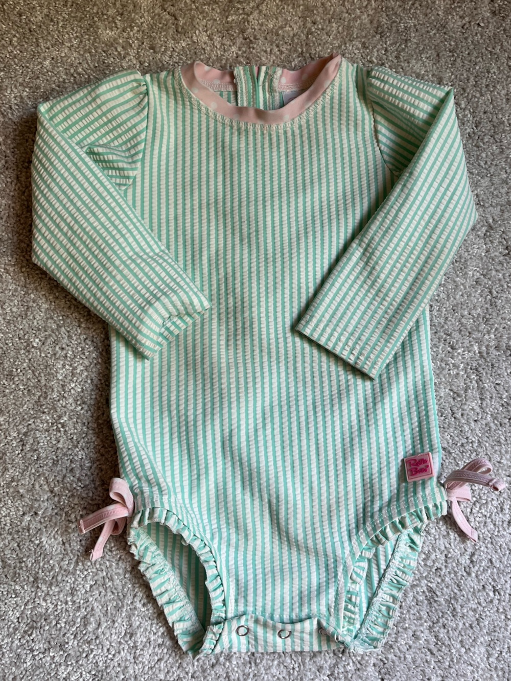 Ruffle Butts Green Seersucker Swimsuit and hat